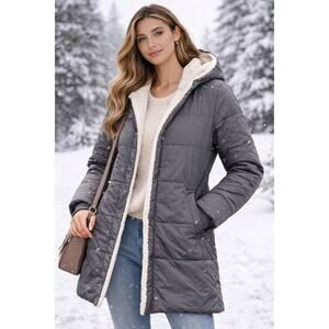 Grey Sherpa Lined Hooded Puffer Coat Long Winter Jacket Cozy Warm